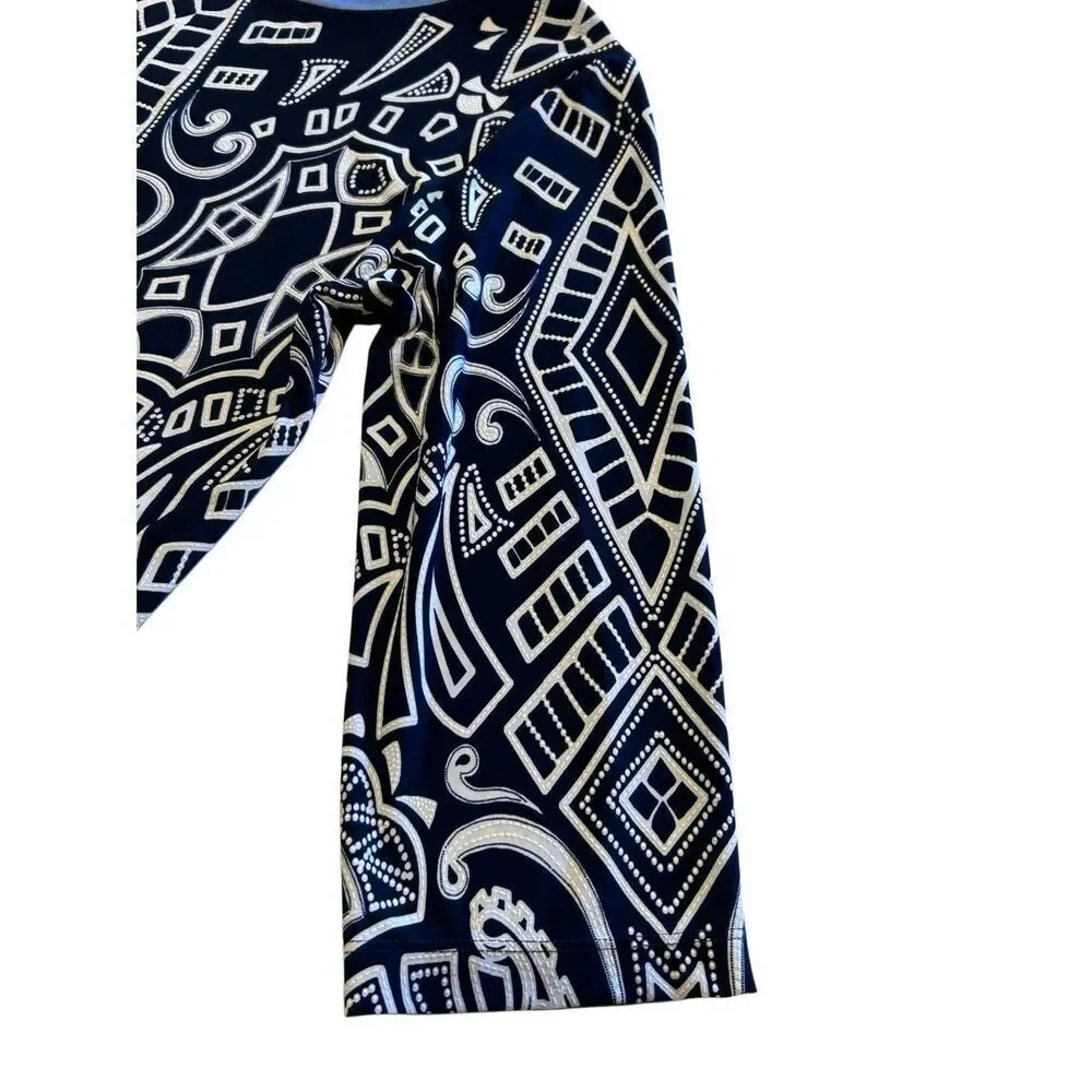 Southern Lady Navy Blue White Geometric Print 3/4 Sleeve Career Top Size L